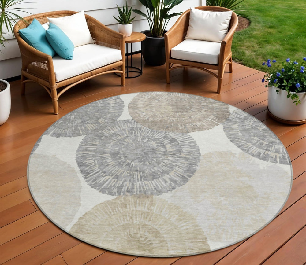 HomeRoots 8' Abstract Linen Ivory and Beige Round Rug – Stylish, Washable, Durable for Indoor & Outdoor Use 661005