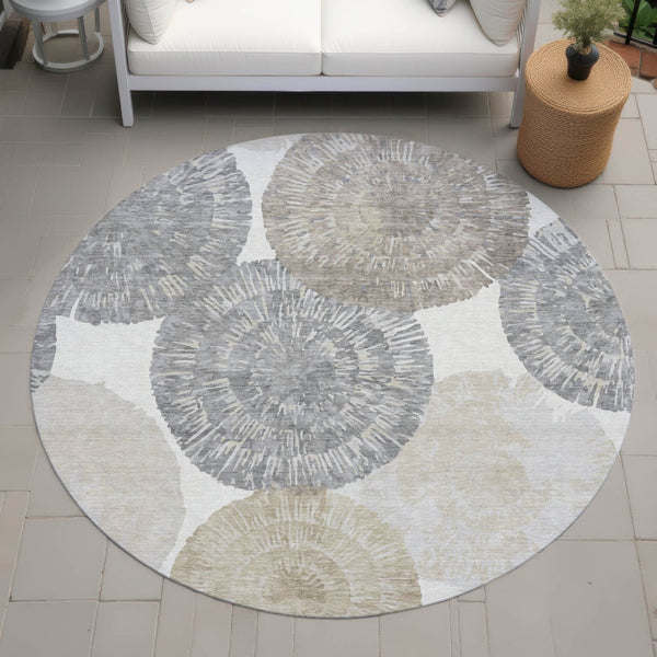 HomeRoots 8' Abstract Linen Ivory and Beige Round Rug – Stylish, Washable, Durable for Indoor & Outdoor Use 661005