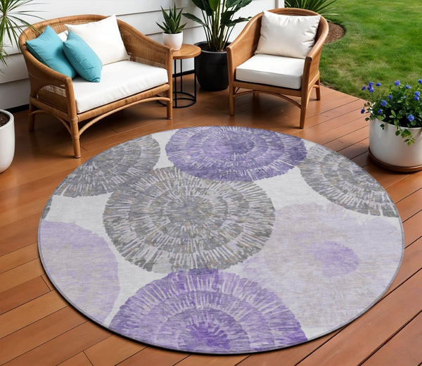 HomeRoots 8' Round Abstract Area Rug in Plum, Ivory & Khaki - Stylish, Washable, Indoor/Outdoor Durable Decor 661011