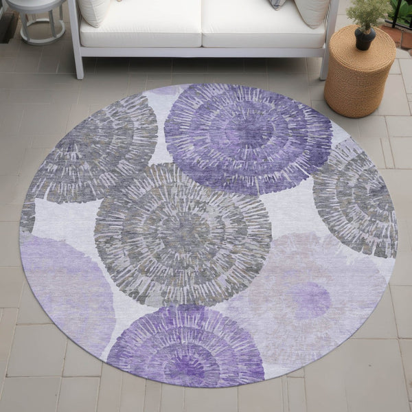 HomeRoots 8' Round Abstract Area Rug in Plum, Ivory & Khaki - Stylish, Washable, Indoor/Outdoor Durable Decor 661011