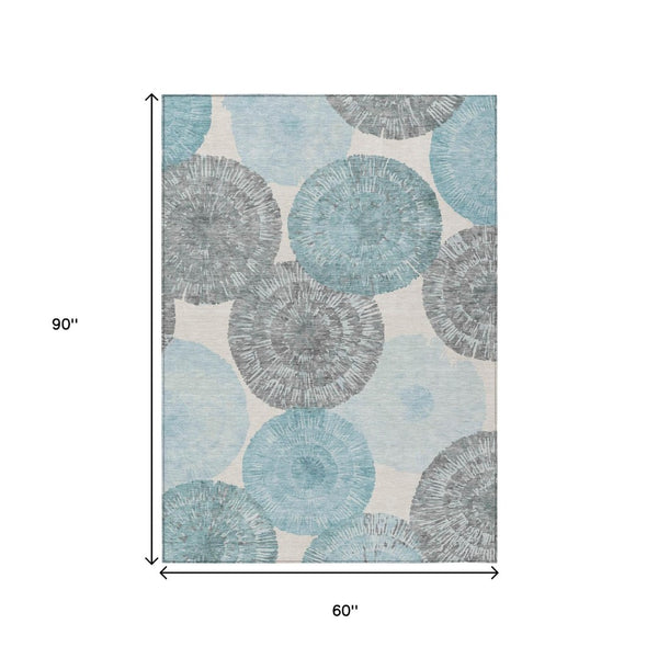 HomeRoots 5' Stylish Teal Blue, Ivory & Gray Abstract Washable Area Rug for Indoor & Outdoor Spaces 661016