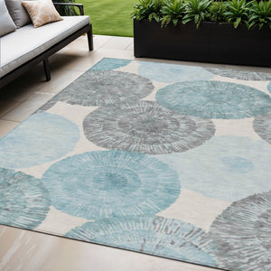 HomeRoots 5' Stylish Teal Blue, Ivory & Gray Abstract Washable Area Rug for Indoor & Outdoor Spaces 661016