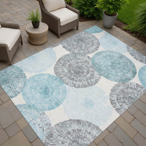 HomeRoots 5' Stylish Teal Blue, Ivory & Gray Abstract Washable Area Rug for Indoor & Outdoor Spaces 661016