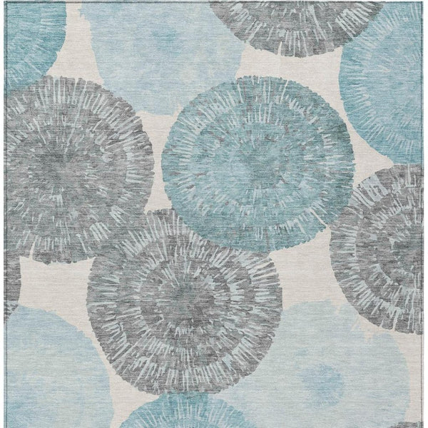 HomeRoots 5' Stylish Teal Blue, Ivory & Gray Abstract Washable Area Rug for Indoor & Outdoor Spaces 661016