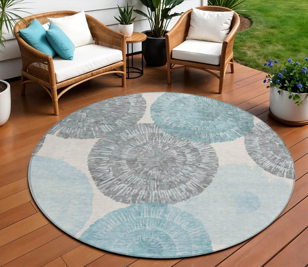 HomeRoots 8' Teal Blue Abstract Round Area Rug – Durable, Washable, Modern Design for Indoor & Outdoor Use 661017