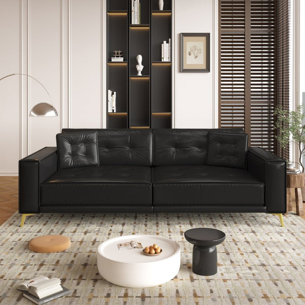 English Elm 92.1"king Faux Leather Convertible Sleeper Sofa Tufted 4 Seat Pull Out Living Room Couch Black W1885S00407