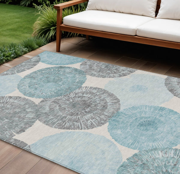 HomeRoots 10' Teal Blue Ivory Gray Abstract Washable Area Rug - Durable Indoor Outdoor Design for High Traffic Spaces 661020