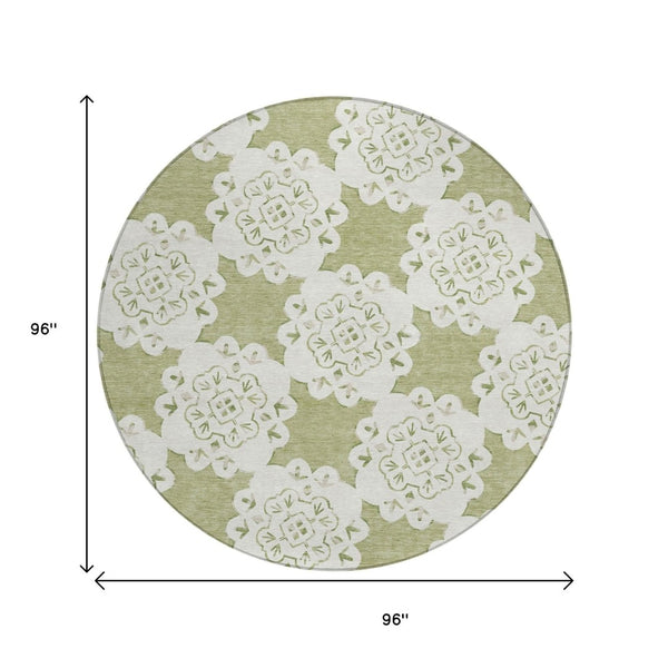 HomeRoots 8' Artichoke Green Quatrefoil Area Rug - Stylish, Washable, Indoor/Outdoor Design for High-Traffic Spaces 661023