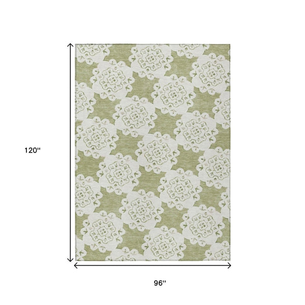 HomeRoots 8' X 10' Artichoke Green Quatrefoil Area Rug - Stylish, Durable, Washable for Indoor & Outdoor Use 661024