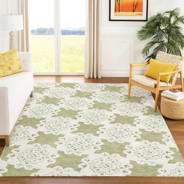 HomeRoots 8' X 10' Artichoke Green Quatrefoil Area Rug - Stylish, Durable, Washable for Indoor & Outdoor Use 661024