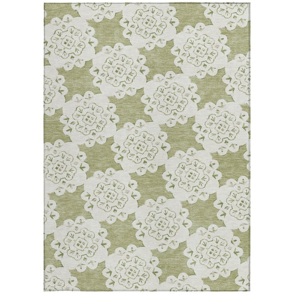 HomeRoots 9' Artichoke Green & Ivory Quatrefoil Area Rug – Washable, Durable for Indoor/Outdoor Spaces, 9x12 ft 661025