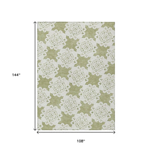 HomeRoots 9' Artichoke Green & Ivory Quatrefoil Area Rug – Washable, Durable for Indoor/Outdoor Spaces, 9x12 ft 661025