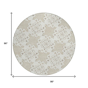 HomeRoots 8' Beige and Ivory Round Quatrefoil Rug - Washable, Durable, Stylish for Indoor & Outdoor Spaces 661029