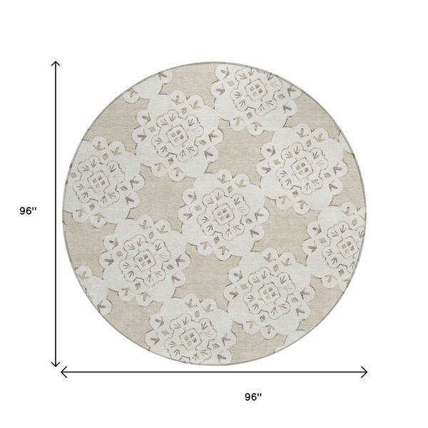 HomeRoots 8' Beige and Ivory Round Quatrefoil Rug - Washable, Durable, Stylish for Indoor & Outdoor Spaces 661029