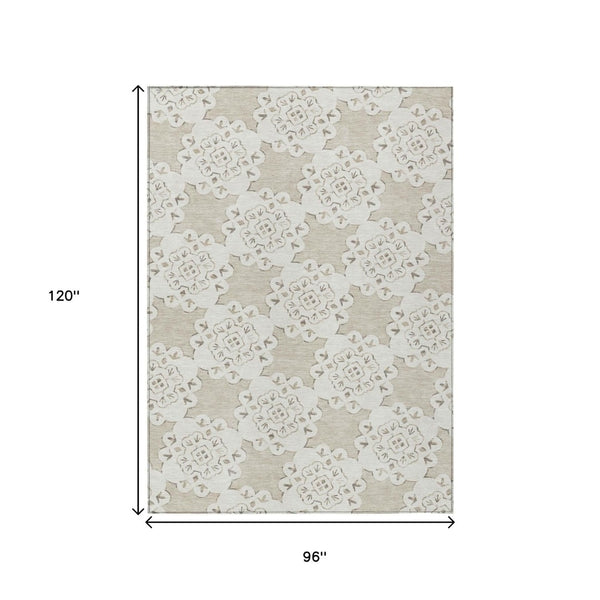 HomeRoots 8' X 10' Beige Quatrefoil Area Rug - Weather-Resistant, Machine Washable for Indoor & Outdoor Use 661030
