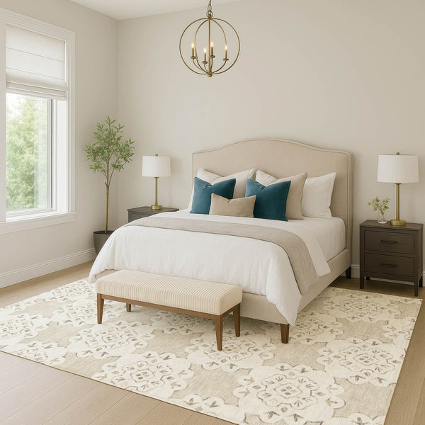 HomeRoots 8' X 10' Beige Quatrefoil Area Rug - Weather-Resistant, Machine Washable for Indoor & Outdoor Use 661030