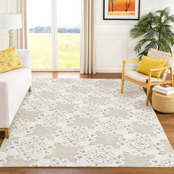 HomeRoots 8' X 10' Beige Quatrefoil Area Rug - Weather-Resistant, Machine Washable for Indoor & Outdoor Use 661030