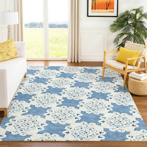 HomeRoots 5' X 8' Blue and Ivory Quatrefoil Washable Area Rug - Stylish, Durable Indoor/Outdoor Essential! 661040