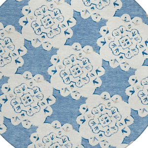HomeRoots 8' Blue And Ivory Round Quatrefoil Rug – Durable, Washable Design for Indoor/Outdoor Spaces, Modern Style 661041