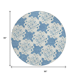 HomeRoots 8' Blue And Ivory Round Quatrefoil Rug – Durable, Washable Design for Indoor/Outdoor Spaces, Modern Style 661041