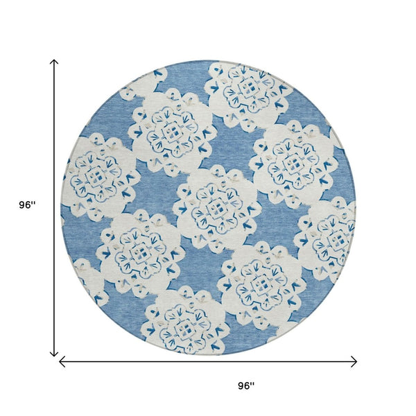 HomeRoots 8' Blue And Ivory Round Quatrefoil Rug – Durable, Washable Design for Indoor/Outdoor Spaces, Modern Style 661041
