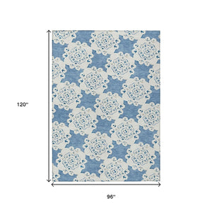 HomeRoots 8' X 10' Blue and Ivory Quatrefoil Area Rug – Washable, Durable, Stylish for Indoor & Outdoor Use! 661042