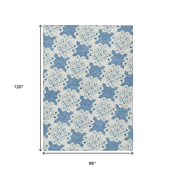 HomeRoots 8' X 10' Blue and Ivory Quatrefoil Area Rug – Washable, Durable, Stylish for Indoor & Outdoor Use! 661042