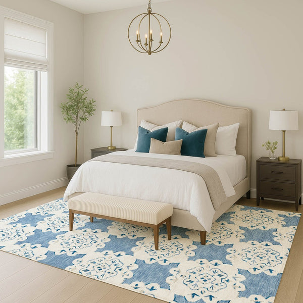 HomeRoots 8' X 10' Blue and Ivory Quatrefoil Area Rug – Washable, Durable, Stylish for Indoor & Outdoor Use! 661042