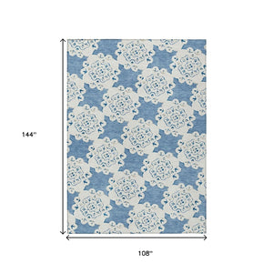 HomeRoots 9' x 12' Blue and Ivory Quatrefoil Rug – Stylish, Washable Design for Indoor & Outdoor Spaces! 661043