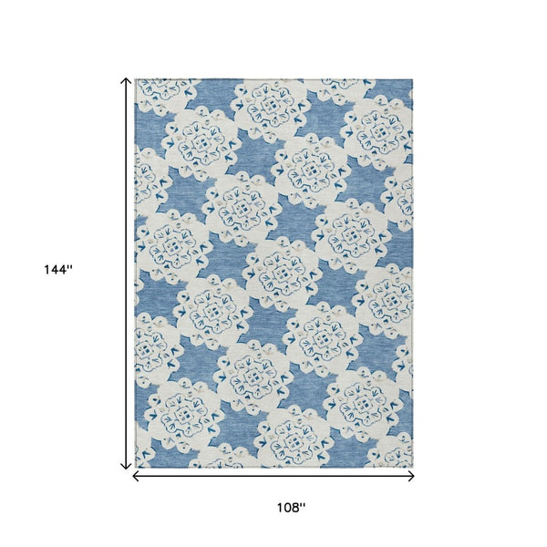 HomeRoots 9' x 12' Blue and Ivory Quatrefoil Rug – Stylish, Washable Design for Indoor & Outdoor Spaces! 661043