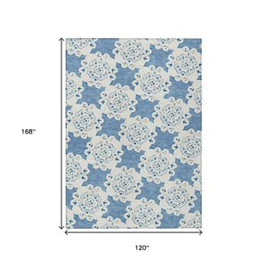 HomeRoots 10' Quatrefoil Blue and Ivory Washable Area Rug - Stylish Indoor/Outdoor Décor for Easy Care & Durability 661044