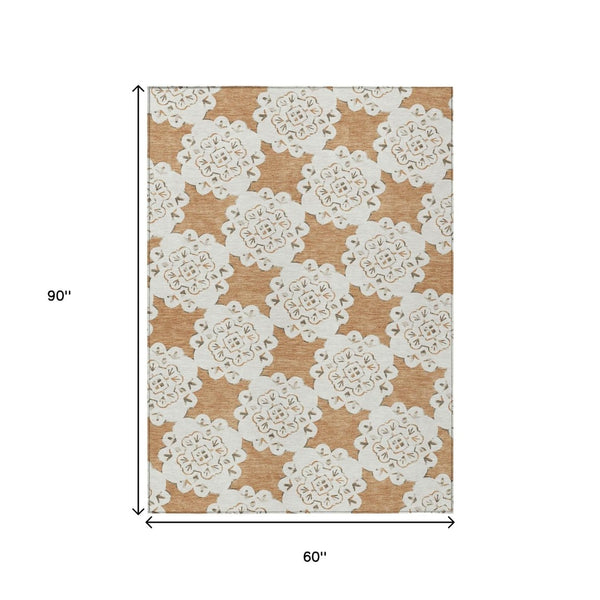 HomeRoots 5' X 8' Copper and Ivory Quatrefoil Rug - Durable, Washable, Stylish for Indoor & Outdoor Spaces! 661046