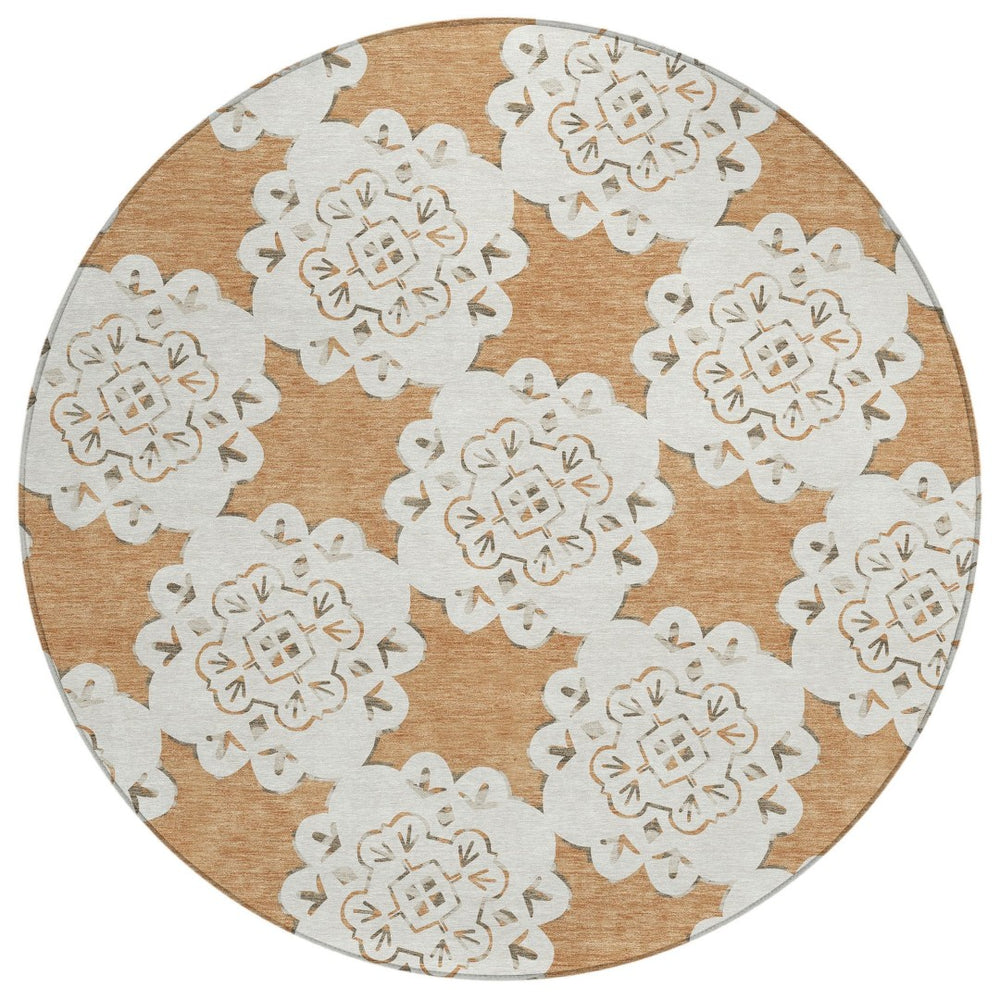HomeRoots 8' Copper and Ivory Round Quatrefoil Rug – Stylish, Washable Design for Indoor & Outdoor Spaces 661047