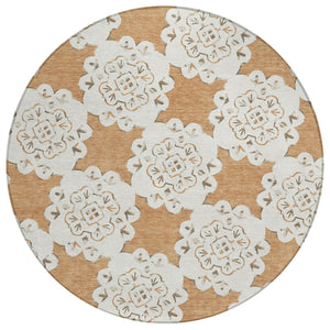 HomeRoots 8' Copper and Ivory Round Quatrefoil Rug – Stylish, Washable Design for Indoor & Outdoor Spaces 661047