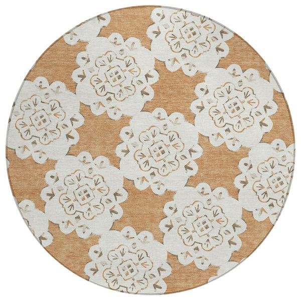 HomeRoots 8' Copper and Ivory Round Quatrefoil Rug – Stylish, Washable Design for Indoor & Outdoor Spaces 661047