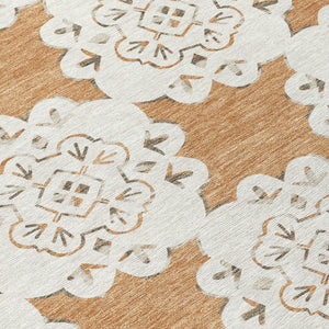 HomeRoots 8' Copper and Ivory Round Quatrefoil Rug – Stylish, Washable Design for Indoor & Outdoor Spaces 661047