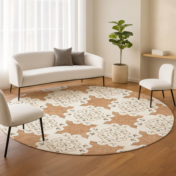 HomeRoots 8' Copper and Ivory Round Quatrefoil Rug – Stylish, Washable Design for Indoor & Outdoor Spaces 661047