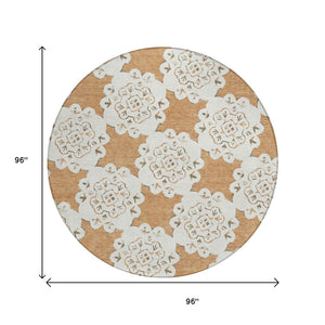 HomeRoots 8' Copper and Ivory Round Quatrefoil Rug – Stylish, Washable Design for Indoor & Outdoor Spaces 661047