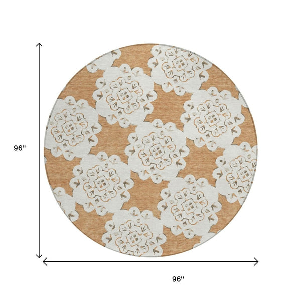 HomeRoots 8' Copper and Ivory Round Quatrefoil Rug – Stylish, Washable Design for Indoor & Outdoor Spaces 661047