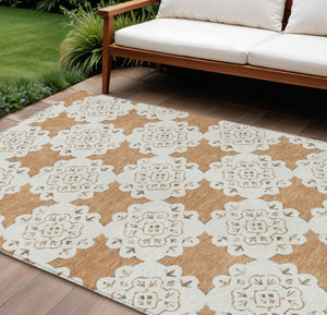 HomeRoots 10' Copper and Ivory Quatrefoil Area Rug - Washable, Durable, Indoor/Outdoor, Pet-Friendly Style! 661050