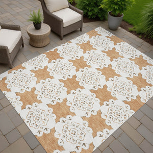 HomeRoots 10' Copper and Ivory Quatrefoil Area Rug - Washable, Durable, Indoor/Outdoor, Pet-Friendly Style! 661050