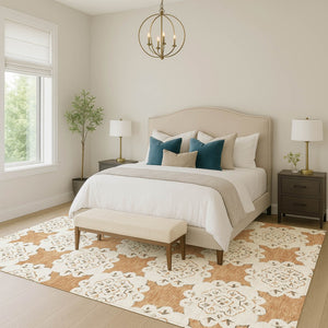 HomeRoots 10' Copper and Ivory Quatrefoil Area Rug - Washable, Durable, Indoor/Outdoor, Pet-Friendly Style! 661050