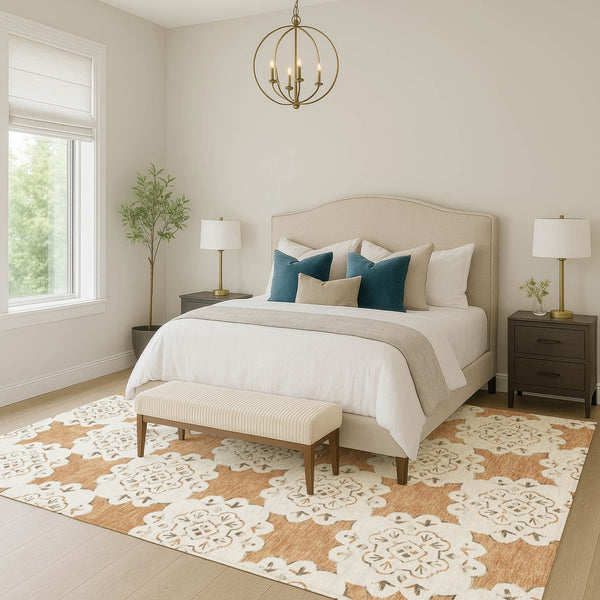HomeRoots 10' Copper and Ivory Quatrefoil Area Rug - Washable, Durable, Indoor/Outdoor, Pet-Friendly Style! 661050