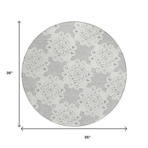 HomeRoots 8' Gray And Ivory Round Quatrefoil Rug – Washable, Durable, Stylish for Indoor & Outdoor Spaces 661053
