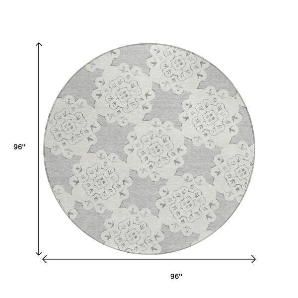 HomeRoots 8' Gray And Ivory Round Quatrefoil Rug – Washable, Durable, Stylish for Indoor & Outdoor Spaces 661053