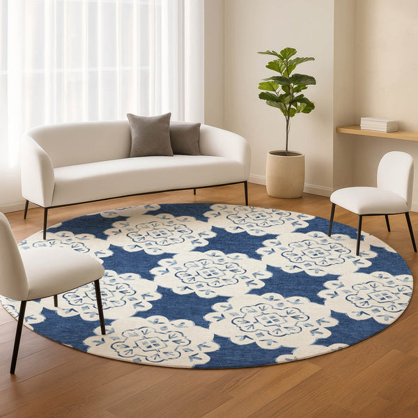 HomeRoots 8' Navy Blue Quatrefoil Area Rug - Stylish, Washable Indoor/Outdoor Rug for High Traffic Spaces! 661059