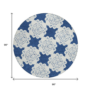 HomeRoots 8' Navy Blue Quatrefoil Area Rug - Stylish, Washable Indoor/Outdoor Rug for High Traffic Spaces! 661059