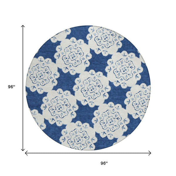 HomeRoots 8' Navy Blue Quatrefoil Area Rug - Stylish, Washable Indoor/Outdoor Rug for High Traffic Spaces! 661059