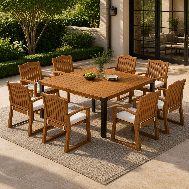 English Elm 9‑Piece Acacia Wood Outdoor Dining Set Seats Eight with Slatted Chairs and Cushions 66105_57217.00ACA4