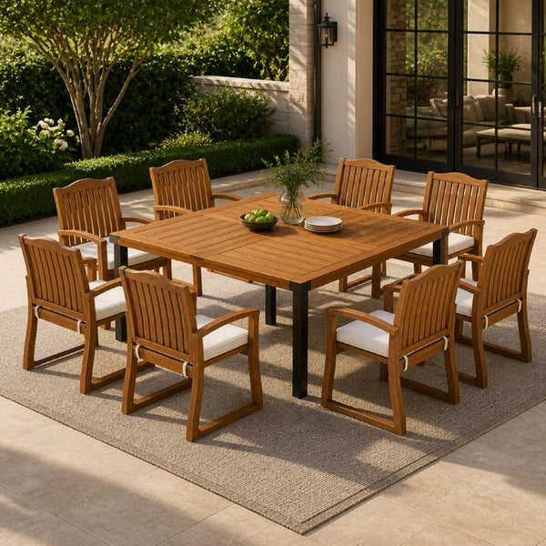English Elm 9‑Piece Acacia Wood Outdoor Dining Set Seats Eight with Slatted Chairs and Cushions 66105_57217.00ACA4